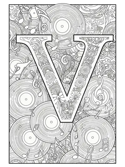 The letter V surrounded by detailed vinyl records, swirling grooves, musical notes, and retro patterns.