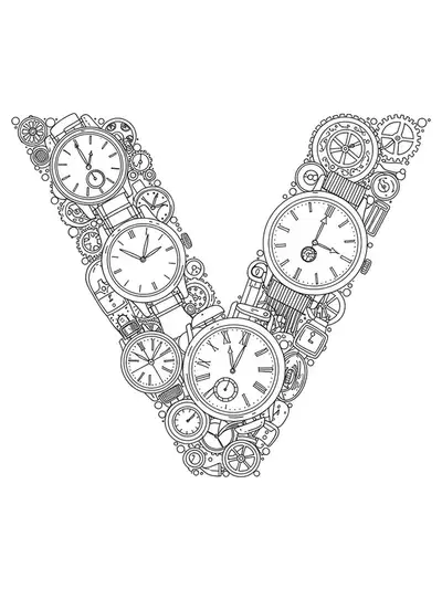 The letter V surrounded by detailed illustrations of vintage watches, gears, and intricate clock faces.