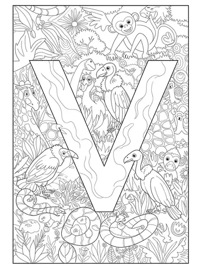 Zoo animals and the letter V in a detailed, complex coloring page for preschoolers.