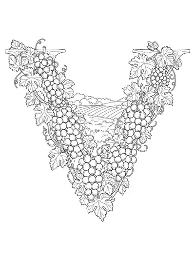 The letter V surrounded by intricate grapevines, bunches of grapes, ornate leaves, and vineyard scenery.