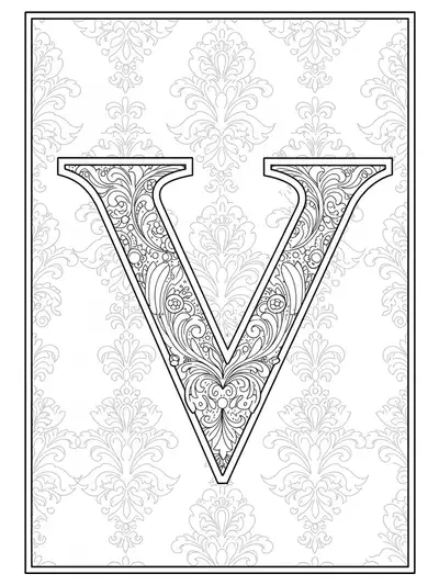 The letter V surrounded by detailed Victorian wallpaper patterns with florals, damask, and geometric shapes.