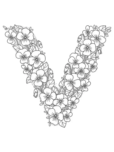 Black and white line art of the letter V covered with violet flowers and leaves, medium detail for elementary children.