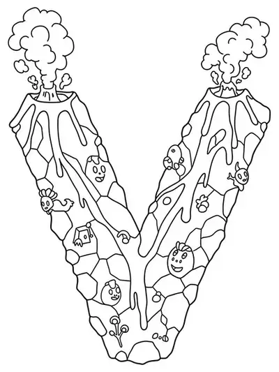Detailed volcano scene with the letter V, erupting lava, and rocks for preschool children.