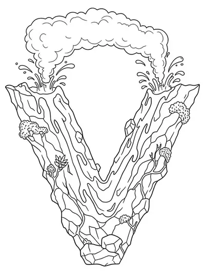 Hard volcano-themed coloring page with the letter V as an erupting volcano, detailed lava, rocks, and smoke.