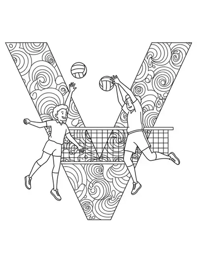 Complex volleyball scene with the letter V, players, net, and ball patterns for elementary hard-level coloring.