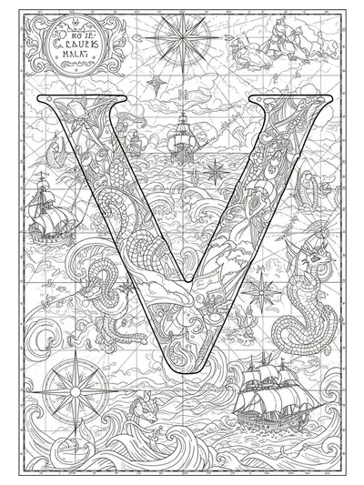 The letter V forming part of a detailed old-world map with compass roses, ships, sea monsters, and waves.