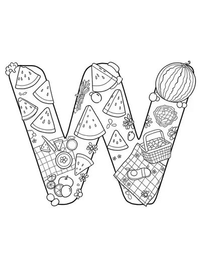 Detailed watermelon and picnic-themed letter W coloring page for preschoolers, with seeds and baskets.