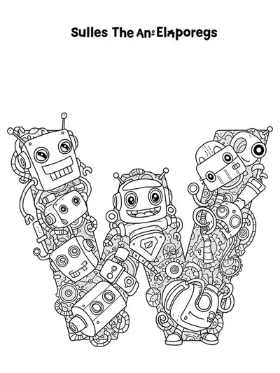 A letter W surrounded by friendly robots, gears, and wires in a moderately detailed line art coloring page for elementary ages.