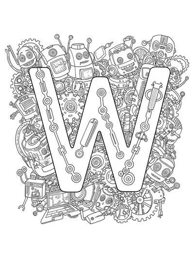 Letter W with detailed gears, wires, and whimsical robot characters in line art