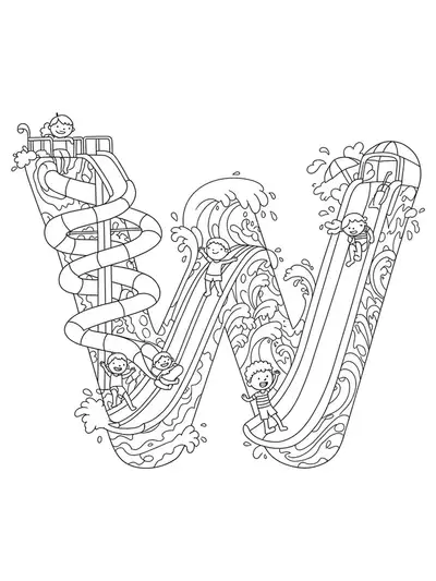 Letter W in the center of a waterpark scene with slides, waves, and children playing, in a medium-detail coloring page for elementary students.