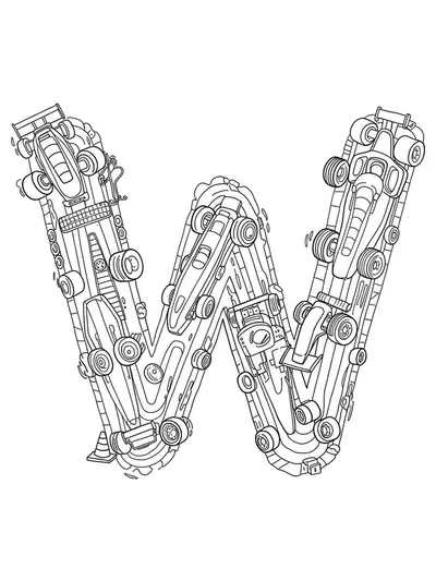 Complex race car-themed letter W coloring page with cars, wheels, and tracks for preschoolers.