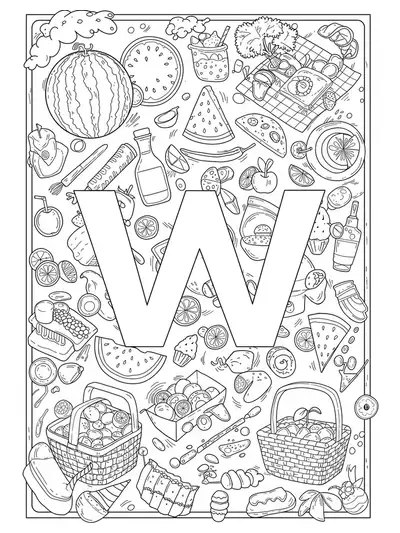 Letter W with detailed watermelons, picnic items, and summer foods in line art