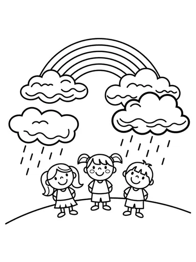 Children with umbrellas, clouds, sun, and a rainbow