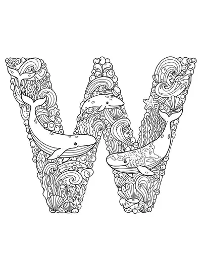 Intricate ocean-themed letter W coloring page with whales, seaweed, and seashells for preschoolers.