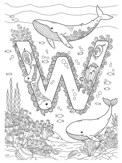 Letter W with detailed whales, fish, coral, and undersea plants in complex line art