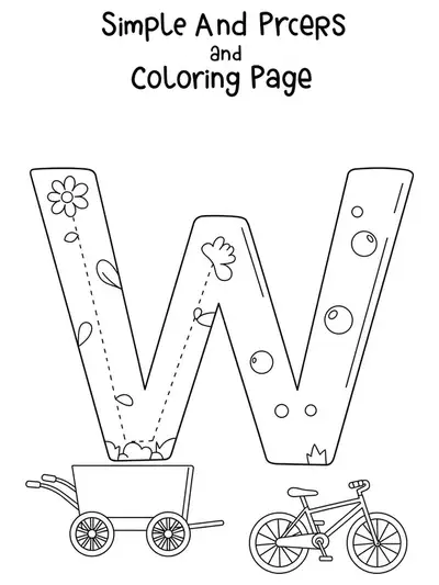 A line art coloring page with the letter W surrounded by different wheeled vehicles such as a wagon, wheelbarrow, and bicycle, medium detail for elementary.