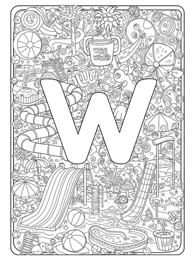 Complex letter W design with detailed water park slides, pools, and summer toys