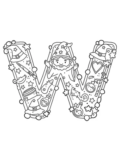 Detailed wizard-themed letter W coloring page with wands, wizard hats, potions, and stars for preschoolers.