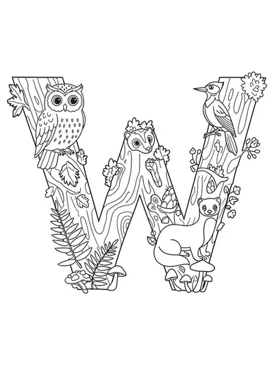 A letter W amid woodland animals, trees, mushrooms, and ferns, in a detailed forest-themed coloring page for elementary age children.
