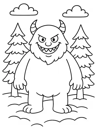 Line drawing of a wicked snow monster with a playful grin standing among snowy pine trees, easy for kids to color.