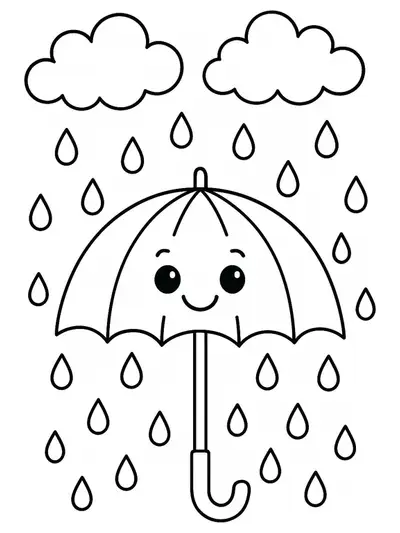 Simple coloring page with clouds, raindrops, and an umbrella for preschoolers.