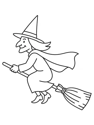 Simple line art of a wicked witch flying on a broom with a pointy hat and cape, easy for kids to color.