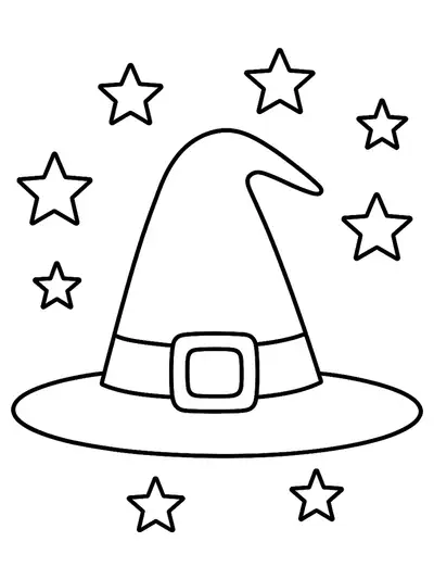 Simple coloring page of a witch's hat with stars and a buckle, easy for preschoolers.