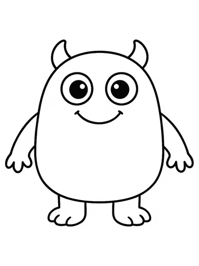 Easy coloring page of a smiling monster with big eyes and round body, suitable for preschoolers.