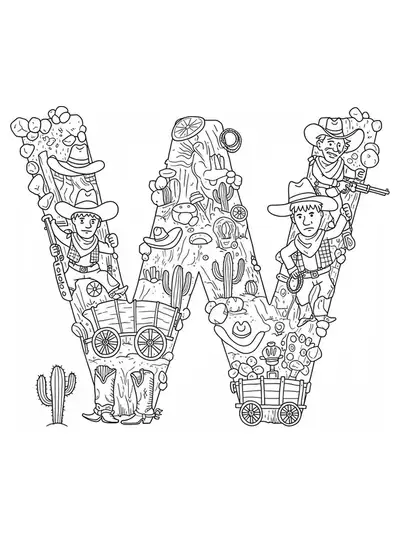 Complex wild west themed letter W coloring page with cowboys, wagons, and cacti for preschoolers.