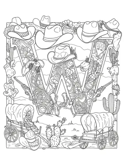 Letter W decorated with western motifs like cowboy hats, wagons, cacti, and horseshoes