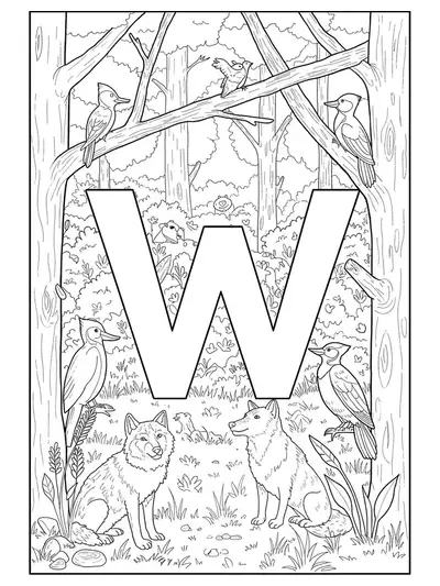 Intricate woodland animal-themed letter W coloring page with wolves, birds, and forest plants for preschoolers.