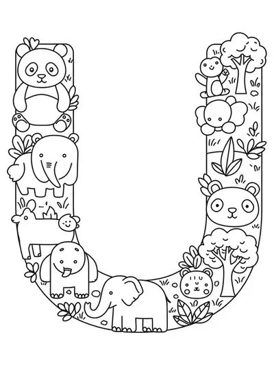 Letter U surrounded by simple animal icons like panda, elephant, and tree, easy to color.