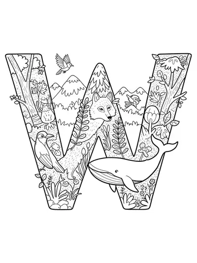 A printable coloring page showing the letter W surrounded by a wolf, whale, and warbler in a natural setting, with medium detail for elementary kids.
