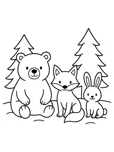 Simple outlines of a bear, a fox, and a bunny sitting in the snow with a few pine trees in the background.