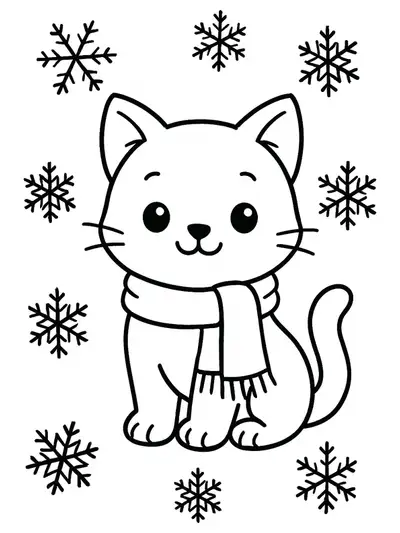 A kitten in a scarf sitting in the snow with simple snowflakes around.