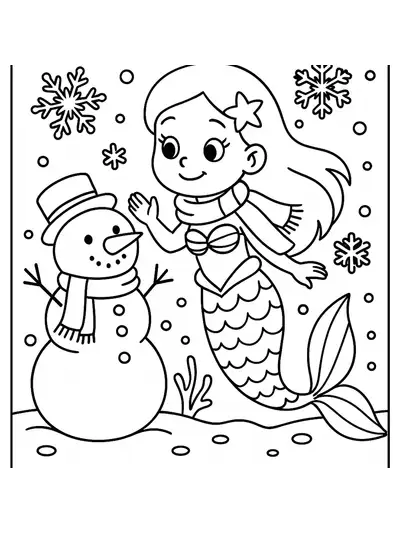 Winter-themed mermaid coloring page with a mermaid, scarf, snowflakes, and snowman under the sea.