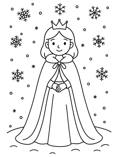 Coloring page of a princess in a cloak with a crown, snowflakes falling around her, easy outlines.