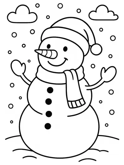 A smiling snowman with a scarf and hat, standing in the snow, outlined for coloring.