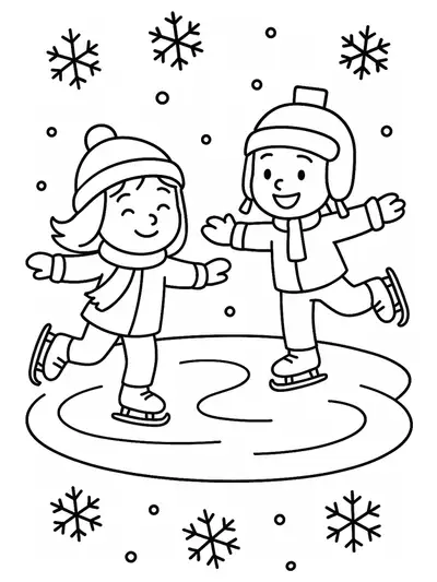 Children ice skating on a frozen pond with snowflakes falling
