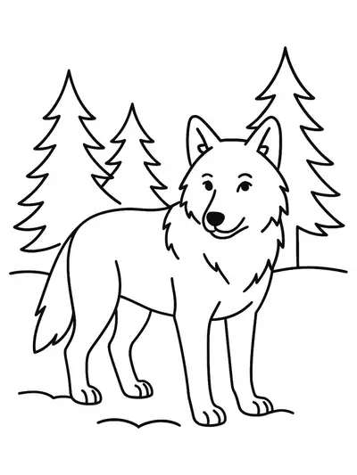 Easy coloring page of a wolf standing in snow with pine trees, designed for elementary kids.