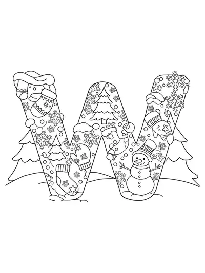 A coloring page with the letter W surrounded by snowflakes, a snowman, mittens, and winter trees, designed for elementary students with medium detail.