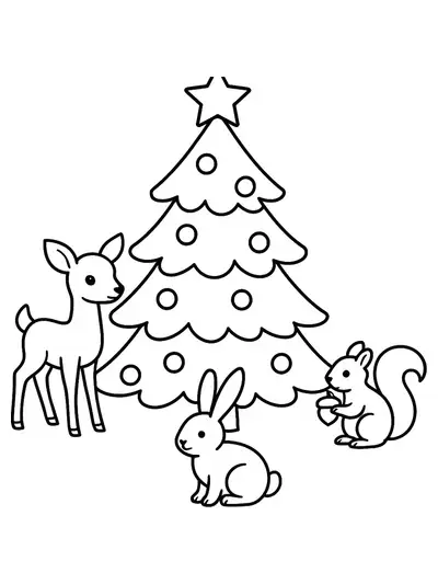 Simple coloring page of a Christmas tree surrounded by woodland animals like deer and rabbits