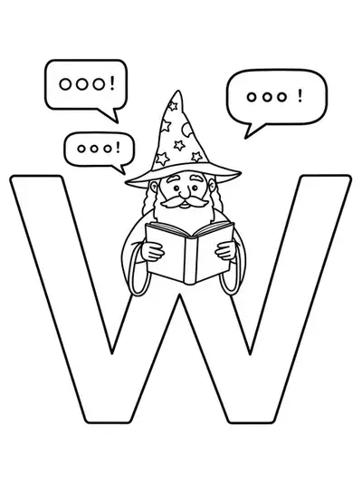 A coloring page with the letter W, books, a reading wizard, and word bubbles, medium complexity line art for elementary children.