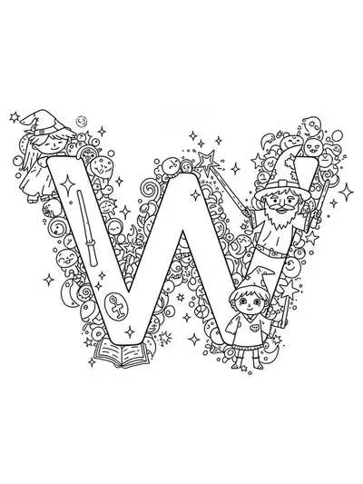 Letter W with wizards, wands, sparkles, and magical elements in complex line art