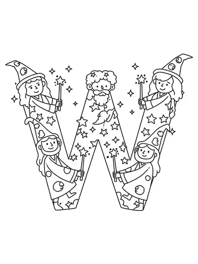 A large letter W with wizards, wands, and magical stars around it, in a medium-detailed fantasy coloring page for elementary kids.