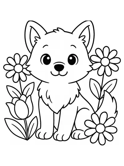 Coloring page of a cute wolf sitting among large spring flowers, easy for preschoolers.