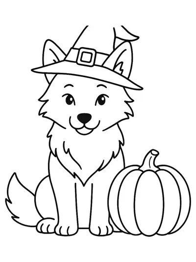 Simple Halloween coloring page of a wolf wearing a witch hat and sitting by a pumpkin.