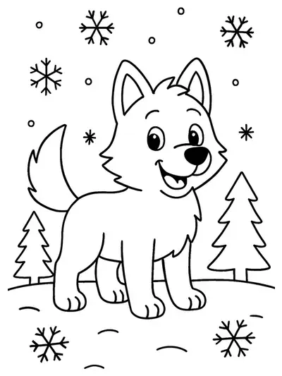 Easy coloring page of a happy wolf in a snowy landscape with snowflakes and trees, for preschoolers.