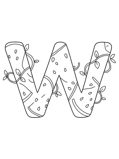 A coloring page with the letter W decorated with watermelon slices, seeds, and vines, in a medium-detail style for elementary kids.