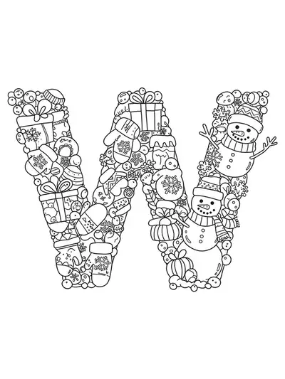 Complex winter-themed letter W coloring page with snowflakes, mittens, and snowman details for preschoolers.
